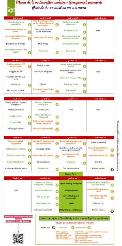Menu du 27 avril au 29 mai 